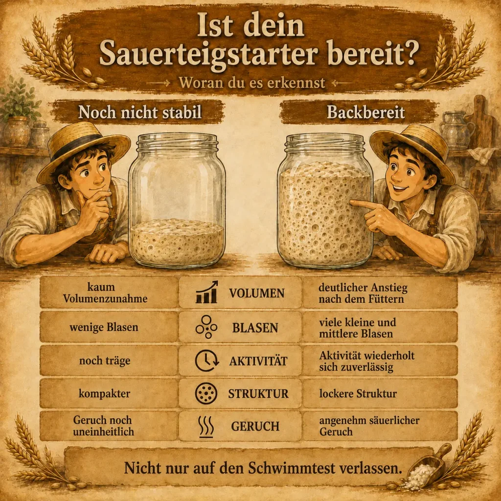 Infografik mit Vergleich zwischen noch nicht stabilem und backbereitem Sauerteigstarter