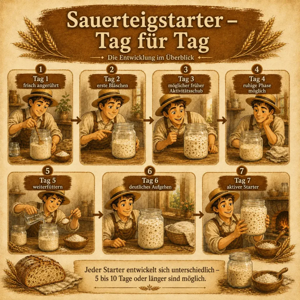 Infografik zur Entwicklung eines Sauerteigstarters von Tag 1 bis zum aktiven Starter