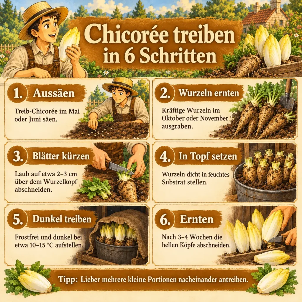 Chicorée selber treiben in 6 Schritten – Infografik von der Aussaat über die Wurzelernte bis zur Ernte im Winter