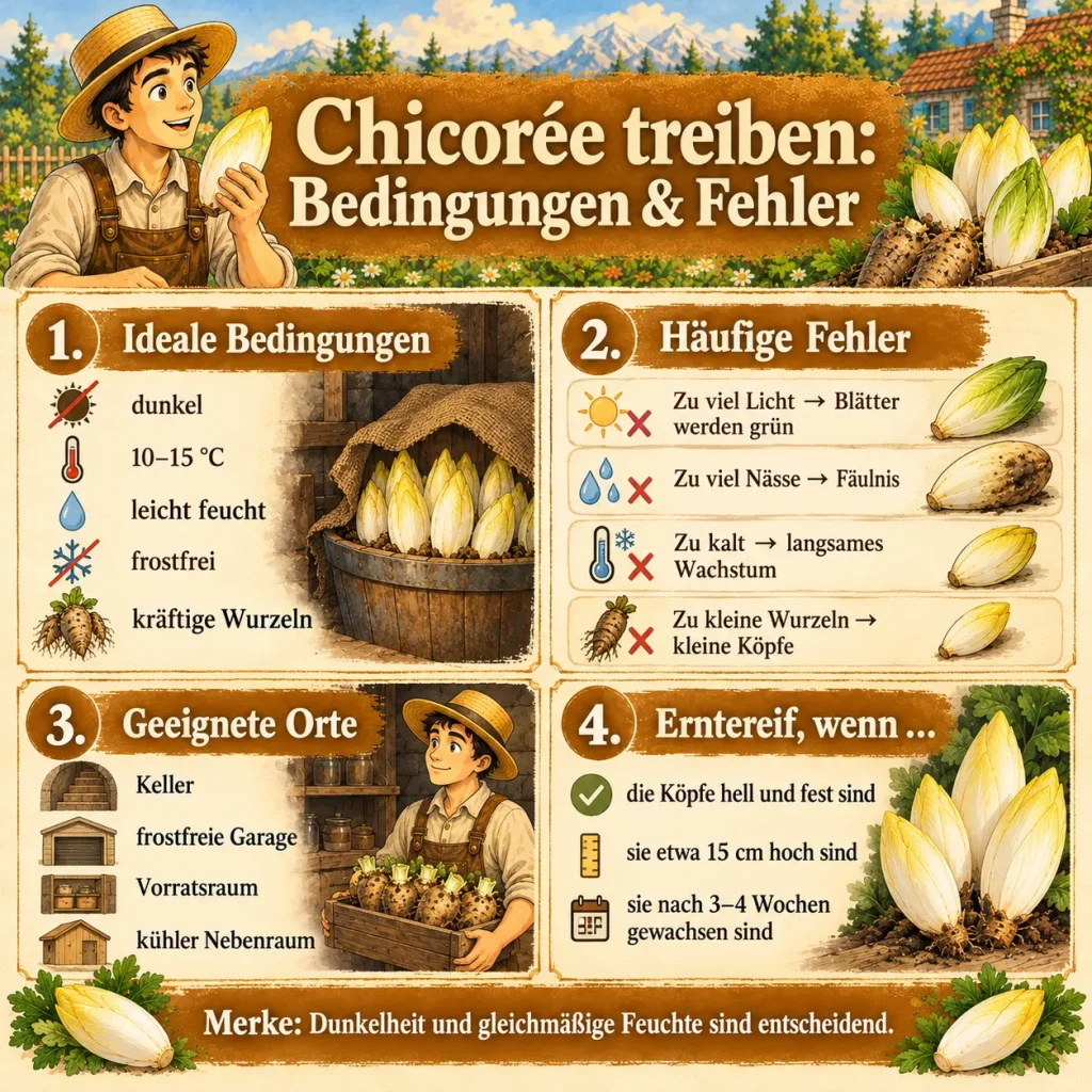 Chicorée selber treiben – Infografik zu idealen Bedingungen, häufigen Fehlern, geeigneten Standorten und Erntezeit