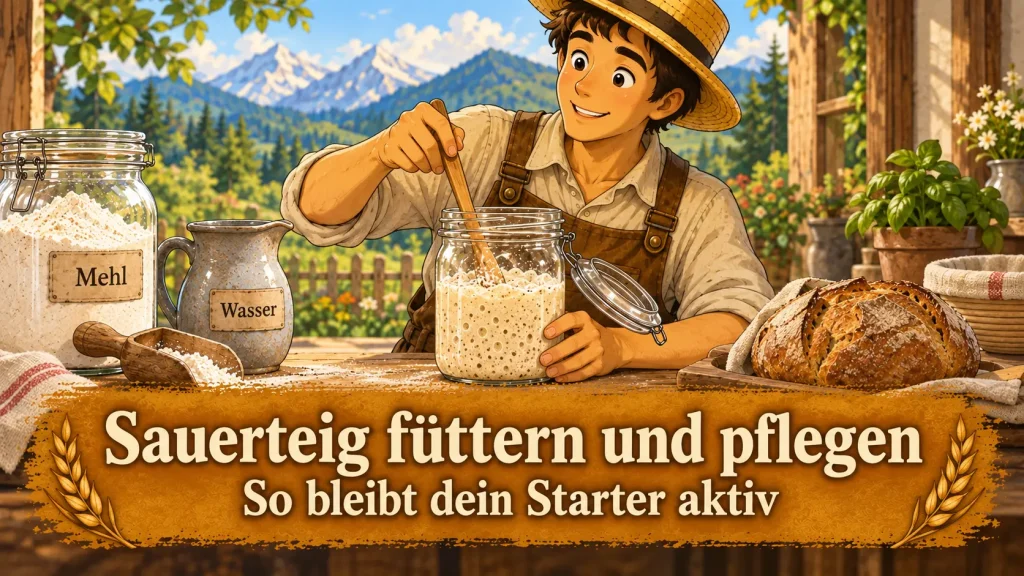 Sauerteig füttern und pflegen – aktiver Sauerteigstarter im Glas mit Mehl und Wasser
