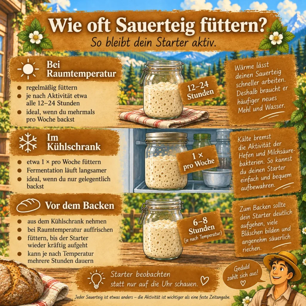 Wie oft Sauerteig füttern – Übersicht für Raumtemperatur, Kühlschrank und vor dem Backen