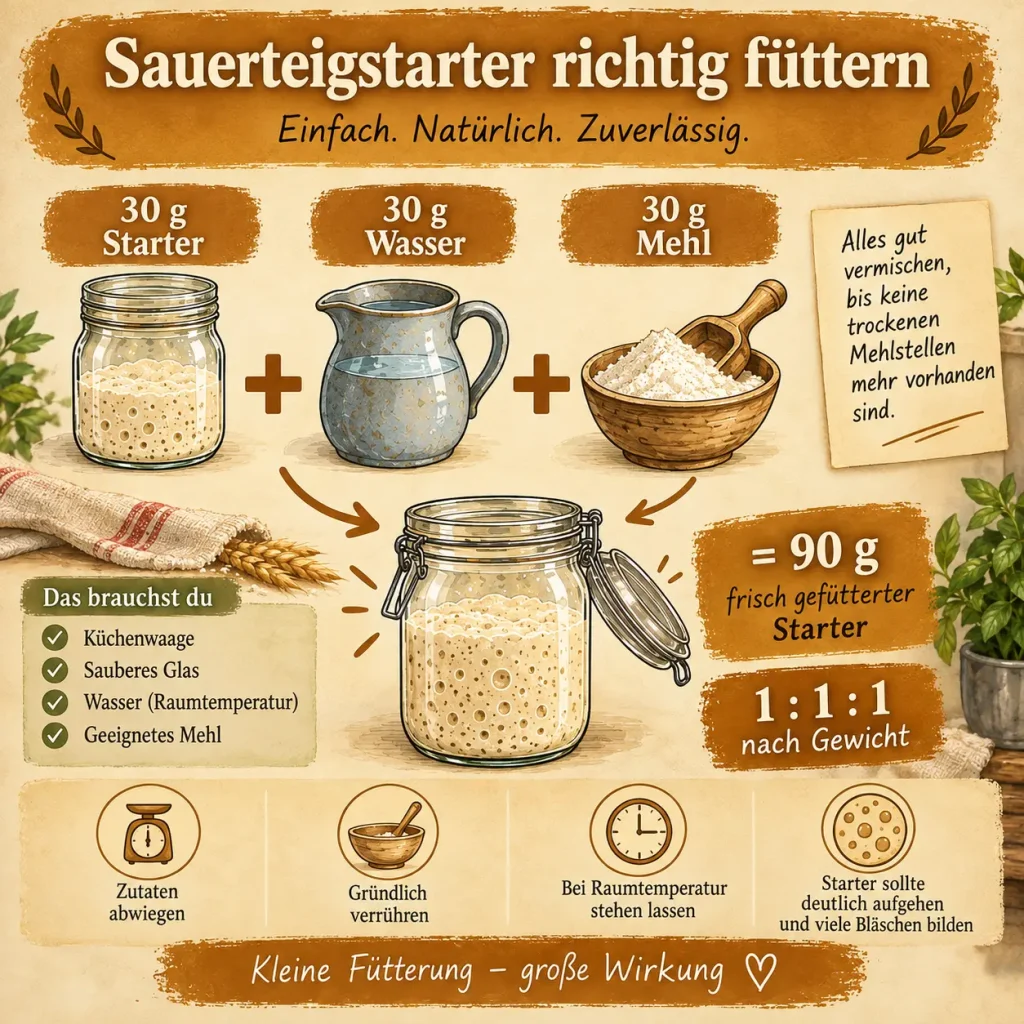 Sauerteigstarter richtig füttern im Verhältnis 1:1:1 mit 30 g Starter, 30 g Wasser und 30 g Mehl