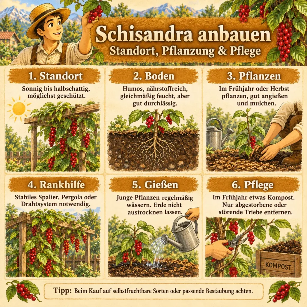 Infografik zum Schisandra-Anbau mit Standort, Boden, Pflanzung, Rankhilfe, Gießen und Pflege