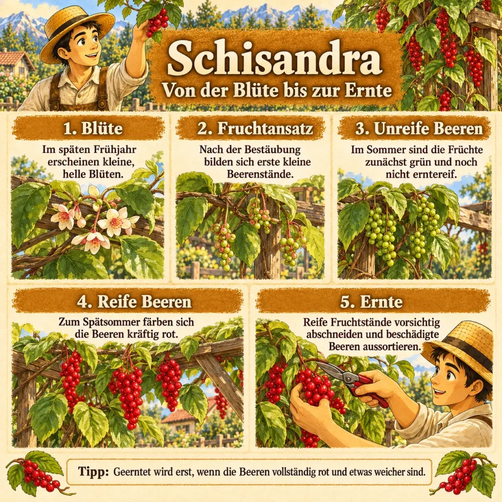 Infografik zur Entwicklung der Schisandra von der Blüte über grüne Beeren bis zur Ernte