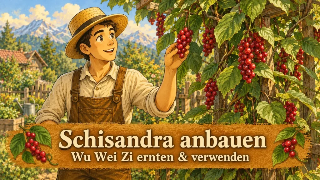 Schisandra mit roten Wu-Wei-Zi-Beeren am Rankgerüst im Selbstversorgergarten