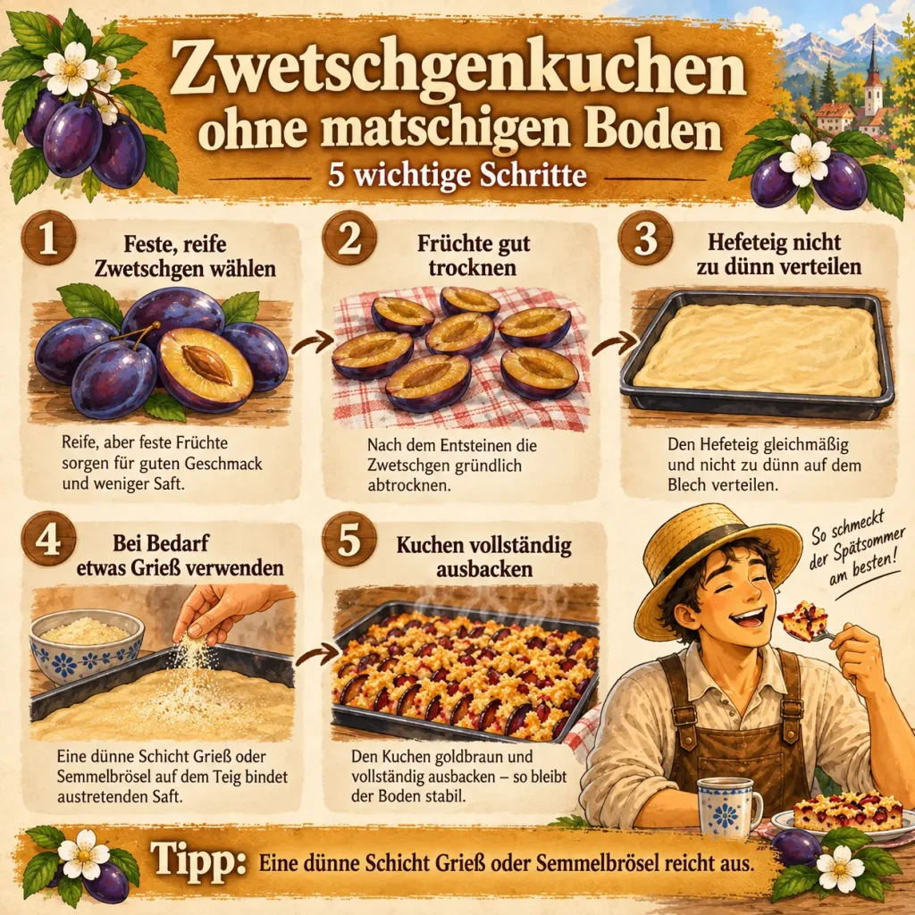 Infografik mit 5 Schritten für Zwetschgenkuchen vom Blech ohne matschigen Boden