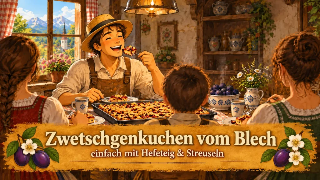 Zwetschgenkuchen vom Blech mit Hefeteig und Streuseln an einem rustikalen Familientisch im Bauernhaus